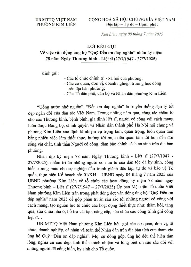 LỜI KÊU GỌI ỦNG HỘ "QUỸ ĐỀN ƠN ĐÁP NGHĨA" NHÂN KỶ NIỆM 78 NĂM NGÀY THƯƠNG BINH - LIỆT SĨ (27/7/1947 - 27/7/2025)- Ảnh 1.