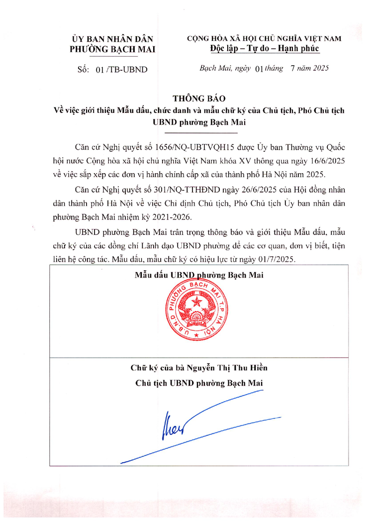 Thông báo về việc giới thiệu Mẫu dấu, chức danh và mẫu chữ ký của Chủ tịch, Phó Chủ tịch UBND phường Bạch Mai- Ảnh 1.