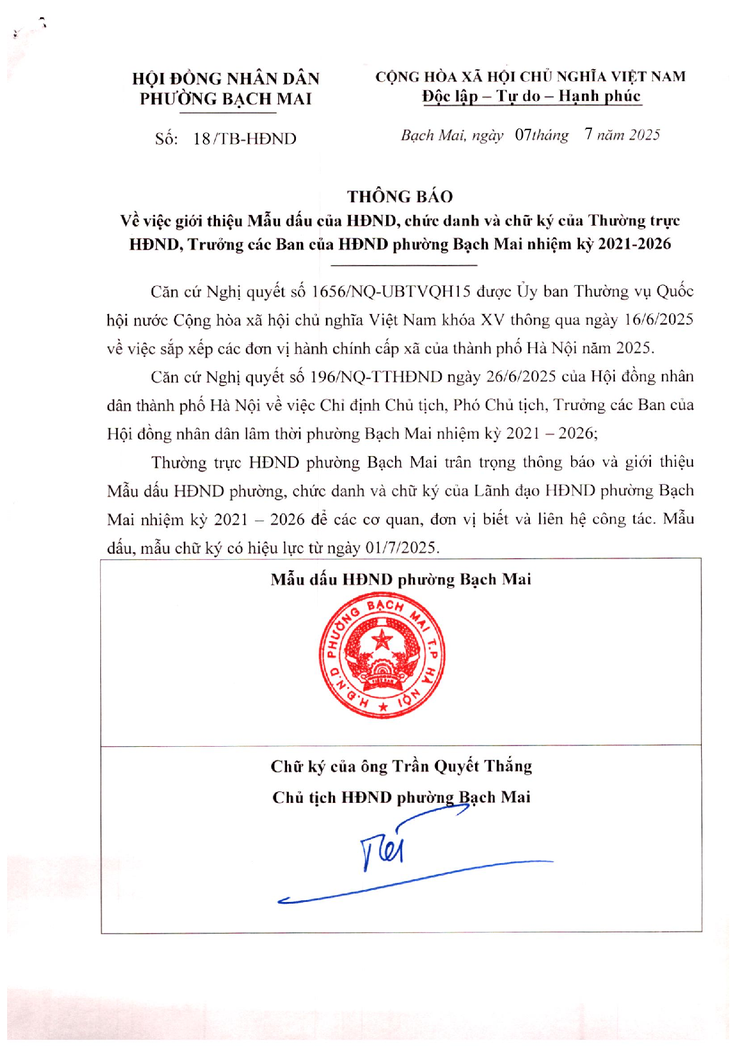 Thông báo Về việc giới thiệu Mẫu dấu của HĐND, chức danh và chữ ký của Thường trực HĐND, Trưởng các Ban của HĐND phường Bạch Mai nhiệm kỳ 2021-2026- Ảnh 1.