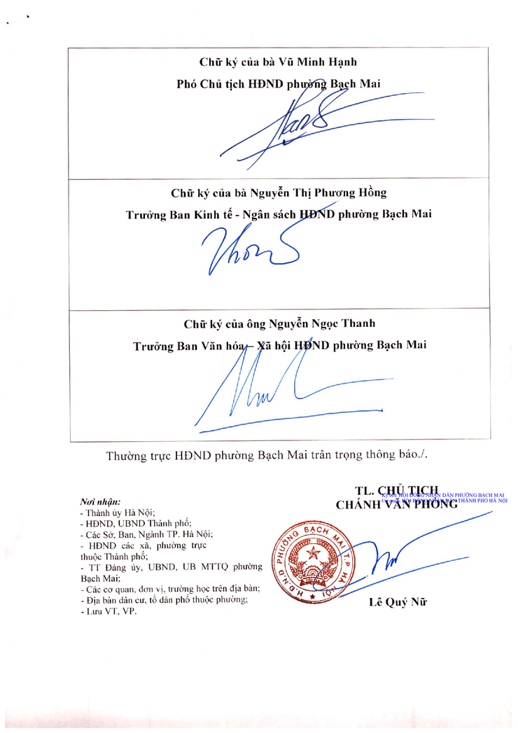 Thông báo Về việc giới thiệu Mẫu dấu của HĐND, chức danh và chữ ký của Thường trực HĐND, Trưởng các Ban của HĐND phường Bạch Mai nhiệm kỳ 2021-2026- Ảnh 2.