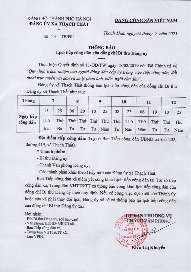Lịch tiếp công dân của Bí thư Đảng ủy và Chủ tịch UBND xã Thạch Thất- Ảnh 1.