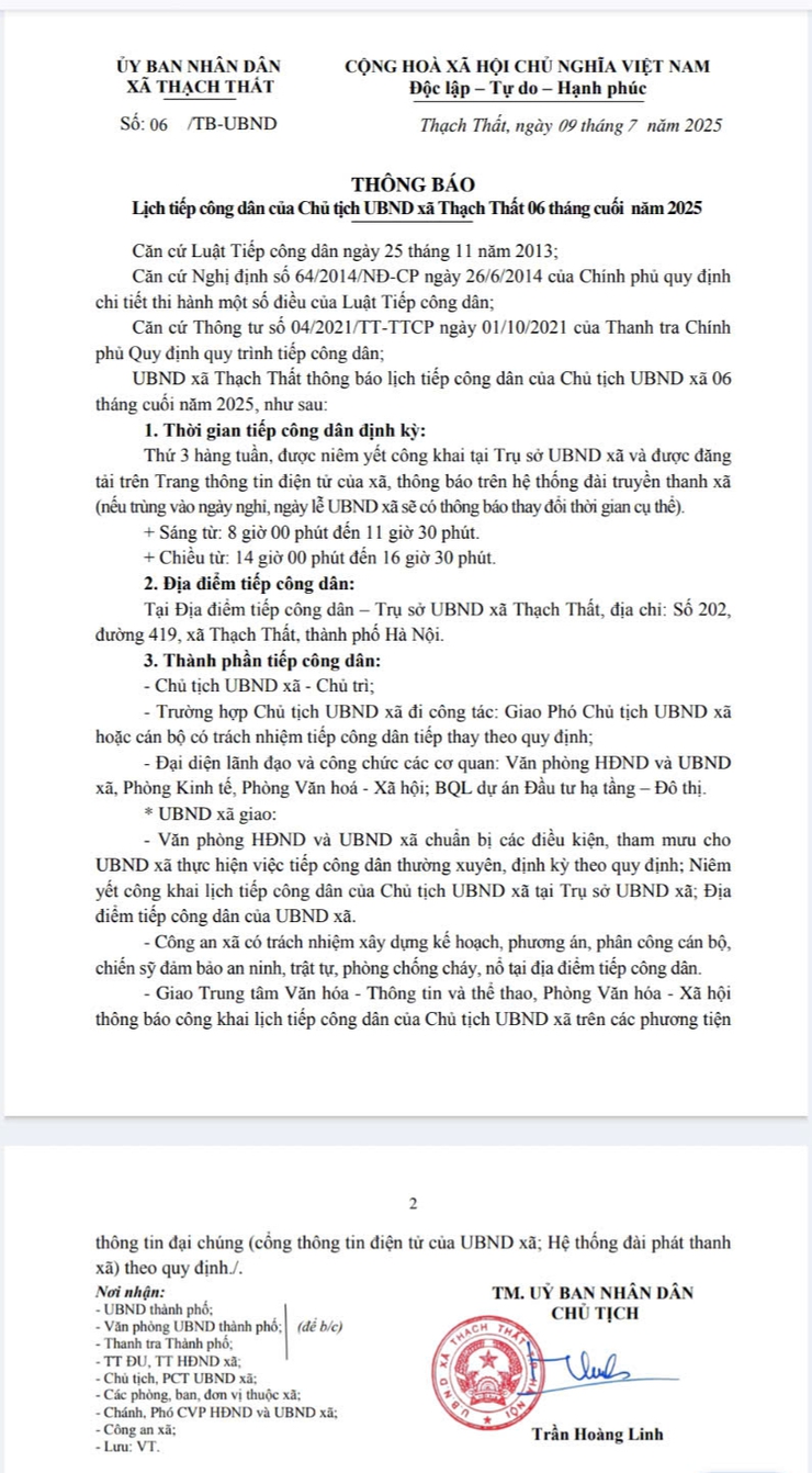 Lịch tiếp công dân của Bí thư Đảng ủy và Chủ tịch UBND xã Thạch Thất- Ảnh 2.
