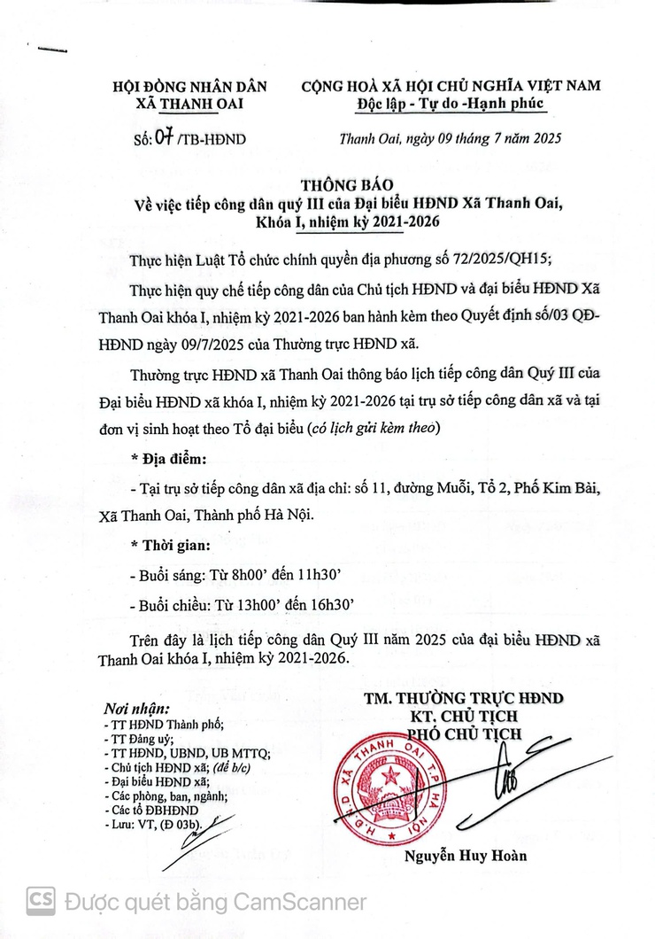 Thông báo về việc tiếp công dân quý III của Đại biểu HĐND xã Thanh Oai khóa I, nhiệm kỳ 2021-2026- Ảnh 1.