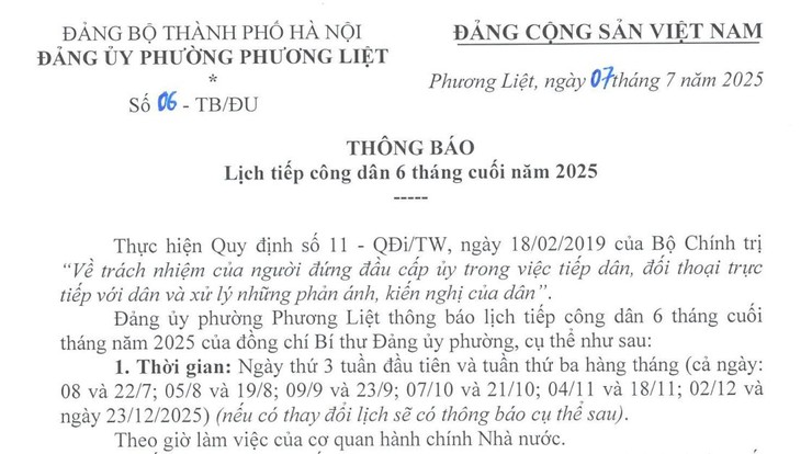 Lịch tiếp công dân của phường Phương Liệt- Ảnh 1.