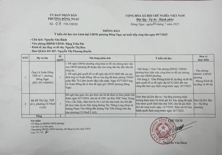 UBND phường Đông Ngạc Thông báo ý kiến chỉ đạo của Lãnh đạo UBND phường Đông Ngạc tại buổi tiếp công dân ngày 09/07/2025.- Ảnh 1.