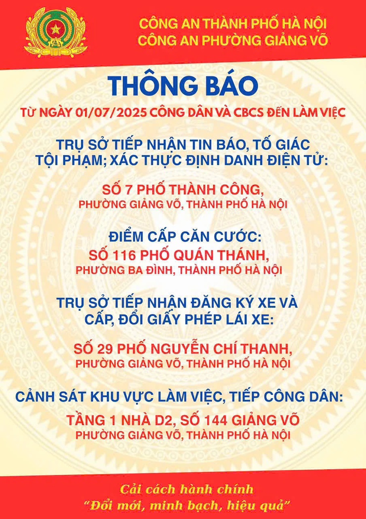 Thông báo địa điểm làm việc công an phường Giảng Võ- Ảnh 1.
