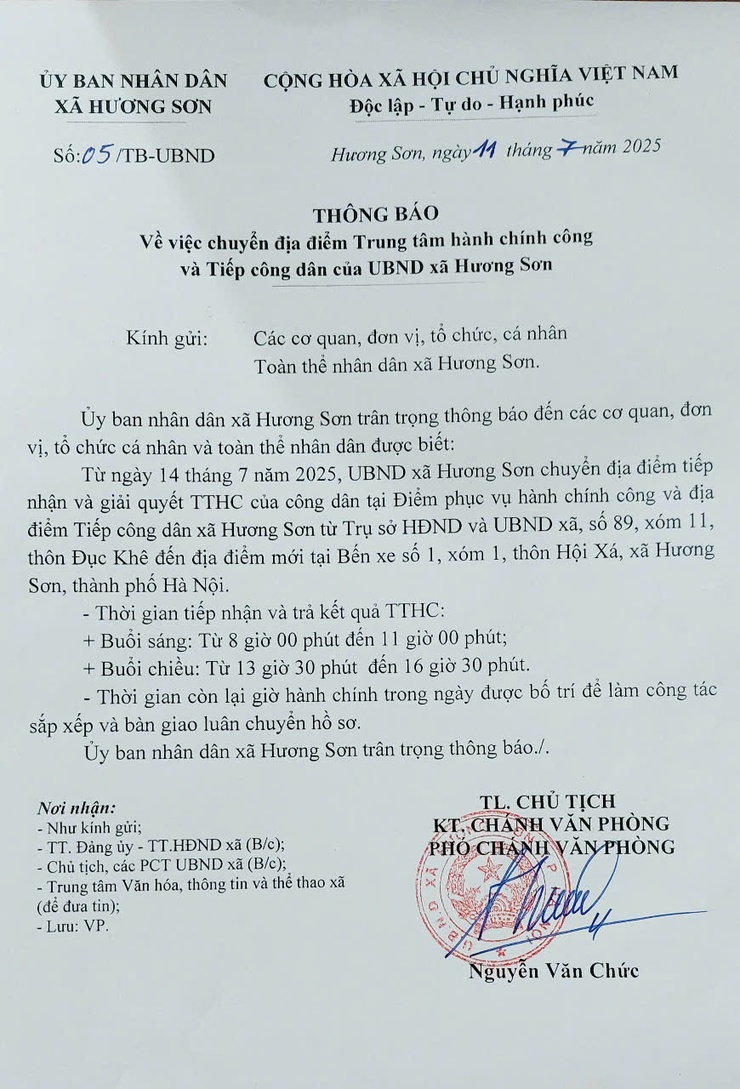 Thông báo của Ủy ban nhân dân xã Hương Sơn về việc chuyển địa điểm Trung tâm hành chính công và Tiếp công dân- Ảnh 1.