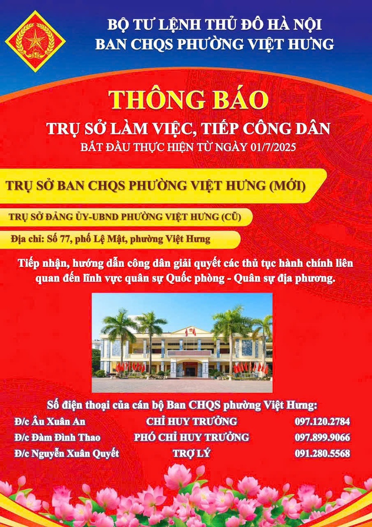 Thông báo: Trụ sở làm việc của Ban Chỉ huy Quân sự phường Việt Hưng- Ảnh 1.