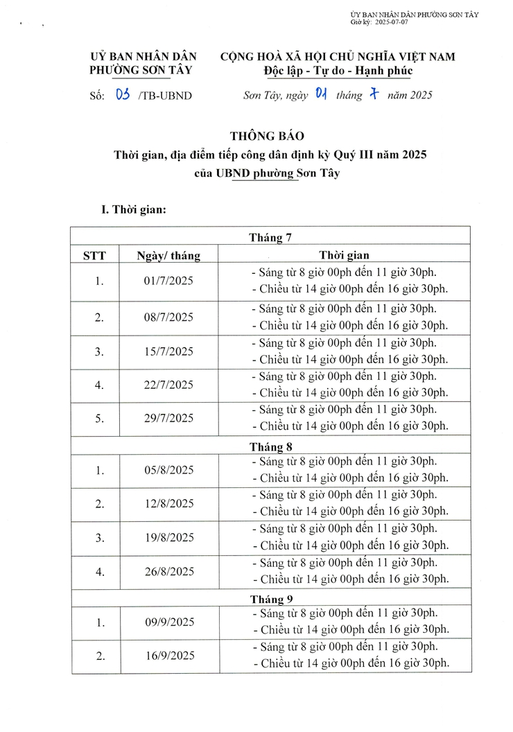 
  Thông báo Thời gian, địa điểm tiếp công dân định kỳ Quý III năm 2025 của UBND phường Sơn Tây
- Ảnh 1.