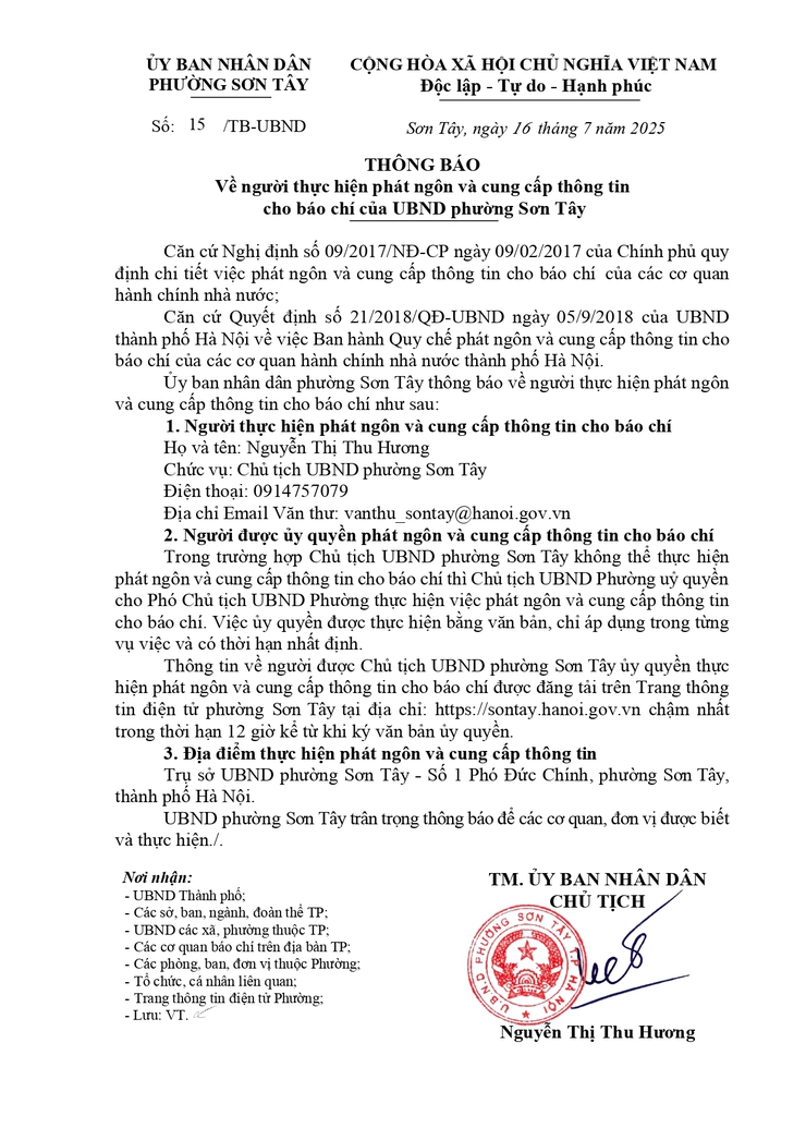 THÔNG BÁO Về người thực hiện phát ngôn và cung cấp thông tin cho báo chí của UBND phường Sơn Tây- Ảnh 1.