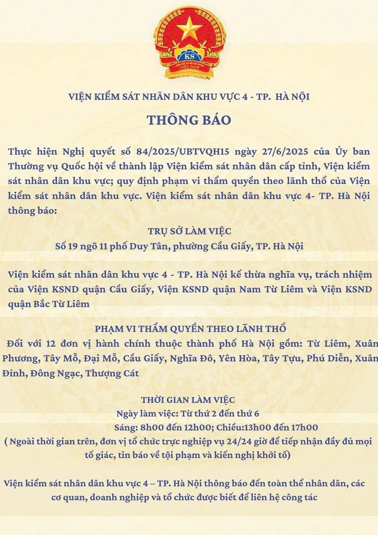 Thông báo của Viện Kiểm soát Nhân dân khu vực 4 - Thành phố Hà Nội- Ảnh 1.