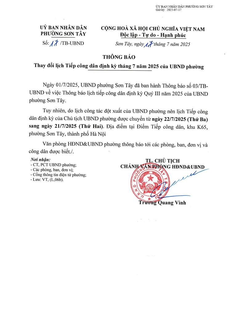 THÔNG BÁO THAY ĐỔI LỊCH TIẾP CÔNG DÂN ĐỊNH KỲ THÁNG 7 NĂM 2025 CỦA UBND PHƯỜNG SƠN TÂY- Ảnh 1.