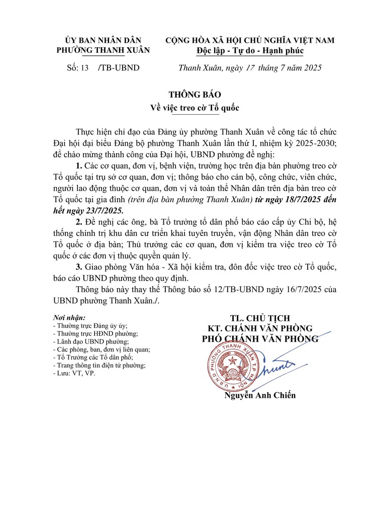 Thông báo treo cờ Tổ quốc chào mừng Đại hội đại biểu Đảng bộ phường Thanh Xuân lần thứ I, nhiệm kỳ 2025-2030- Ảnh 1.