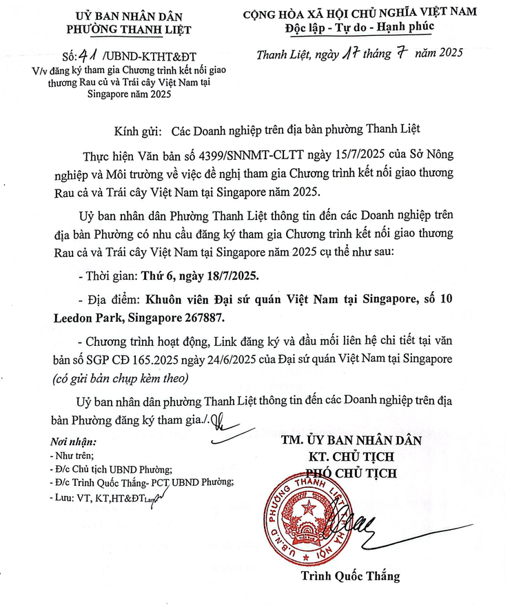 THANH LIỆT: THÔNG TIN MỜI DOANH NGHIỆP THAM GIA CHƯƠNG TRÌNH KẾT NỐI GIAO THƯƠNG RAU CỦ, TRÁI CÂY TẠI SINGAPORE NĂM 2025- Ảnh 1.