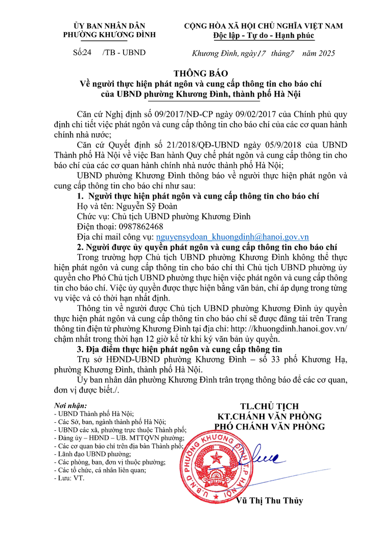 Thông báo về người thực hiện phát ngôn và cung cấp thông tin cho báo chí của UBND phường Khương Đình, thành phố Hà Nội - Ảnh 1.