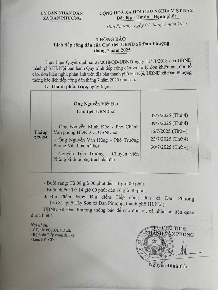 Thông báo về lịch tiếp công dân của Chủ tịch UBND xã Đan Phượng tháng 7 năm 2025- Ảnh 1.