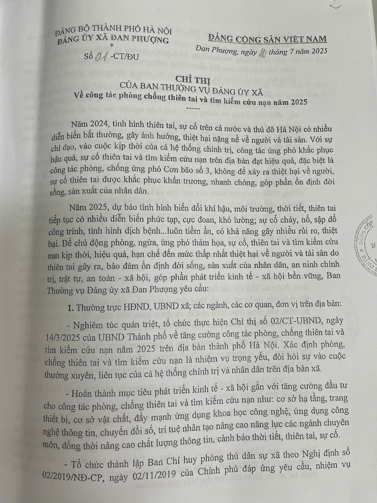Chỉ thị của Ban thường vụ Đảng ủy xã về công tác phòng chống thiên tai và cứu nạn 2025- Ảnh 1.
