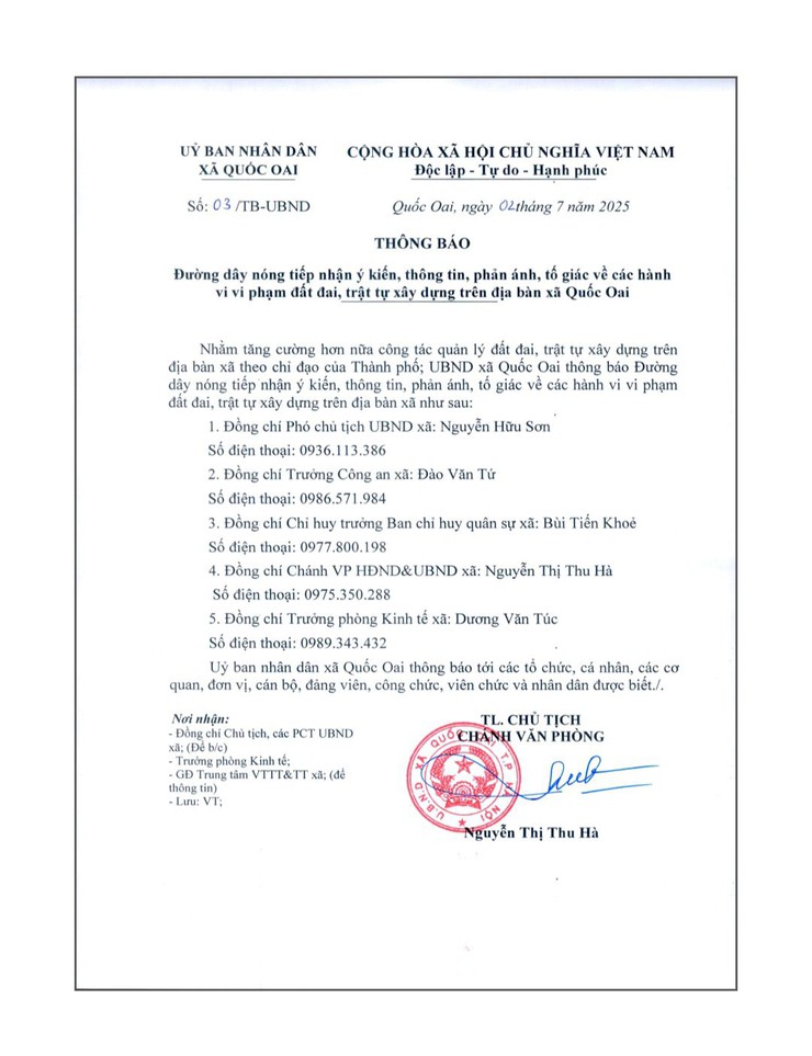 THÔNG BÁO VỀ VIỆC TIẾP NHẬN PHẢN ÁNH, TIN BÁO LIÊN QUAN ĐẾN ĐẤT ĐAI, TRẬT TỰ XÂY DỰNG TRÊN ĐỊA BÀN XÃ QUỐC OAI- Ảnh 1.