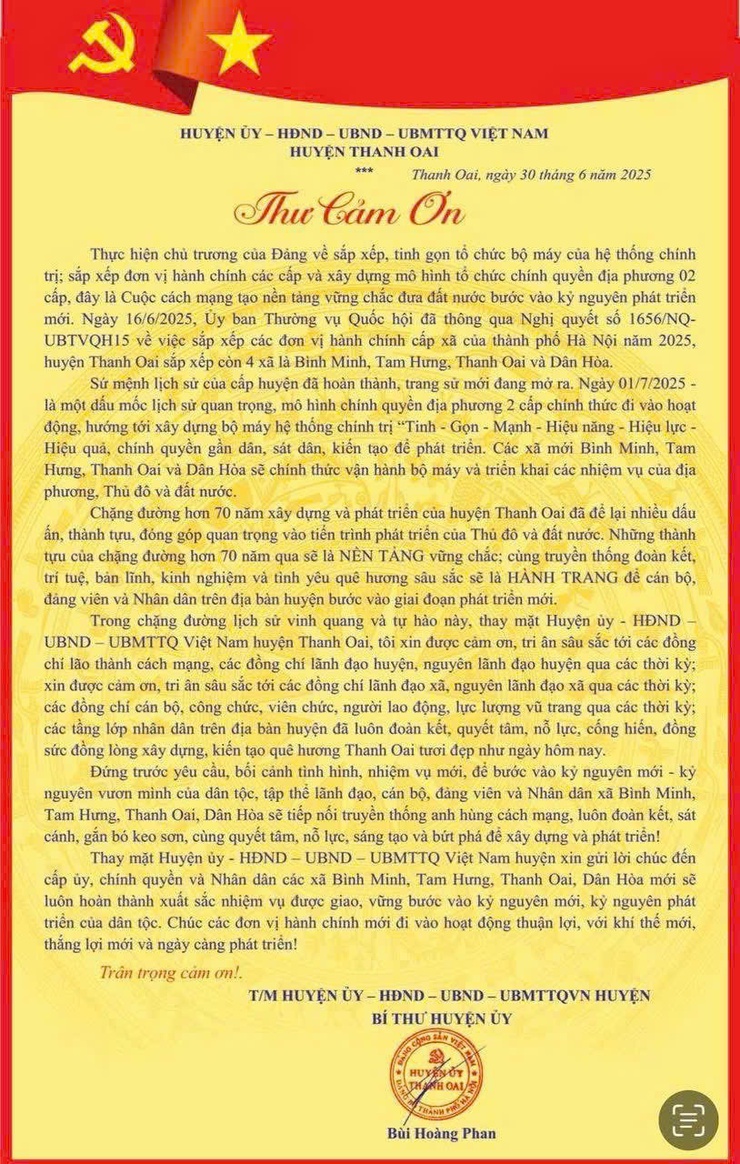 Thư cảm ơn của Đồng chí bí thư Huyện ủy Thanh Oai Bùi Hoàng Phan- Ảnh 1.