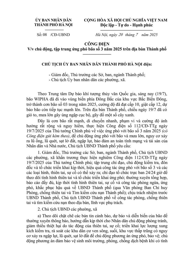 Công điện của UBND thành phố Hà Nội về việc chủ động, tập trung ứng phó bão số 3 năm 2025 trên địa bàn Thành phố- Ảnh 1.