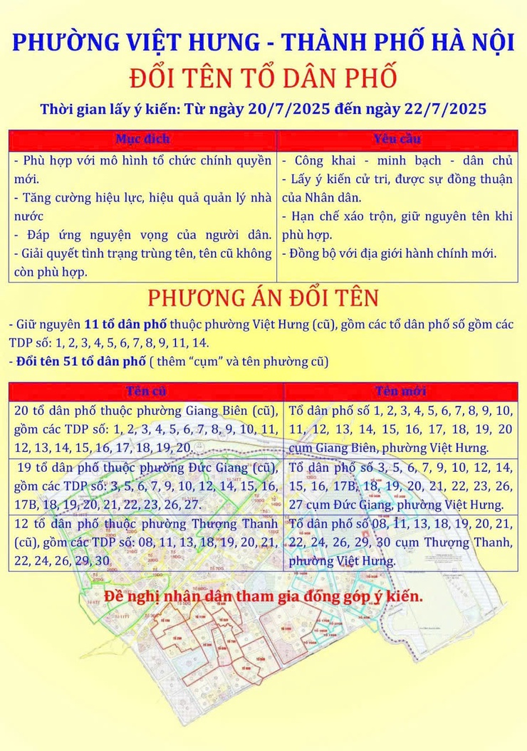 THÔNG BÁO: UBND phường Việt Hưng tổ chức lấy ý kiến của Nhân dân về Phương án Đổi tên tổ dân phố trên địa bàn phường- Ảnh 1.