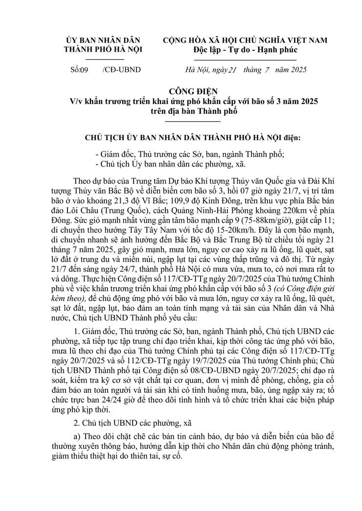 CÔNG ĐIỆN  số 09 
V/v khẩn trương triển khai ứng phó khẩn cấp với bão số 3 năm 2025 trên địa bàn Thành phố - Ảnh 1.