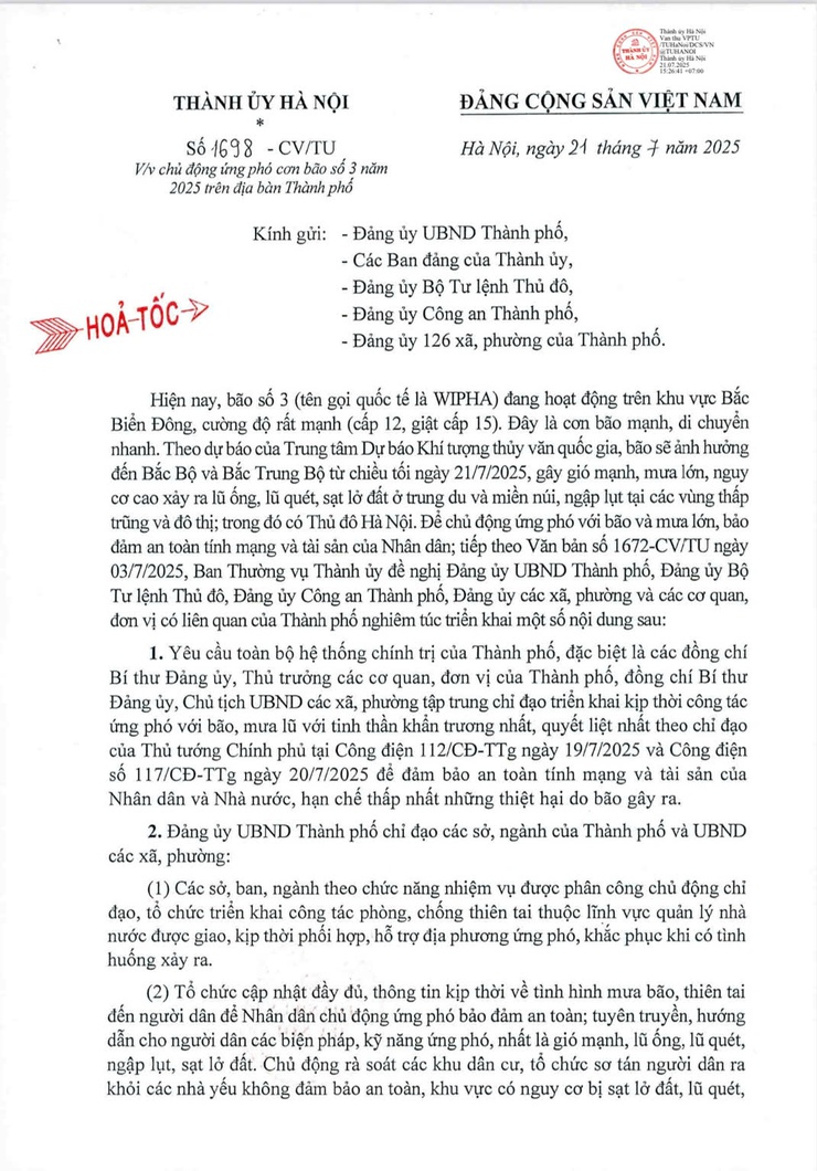 Thành ủy Hà Nội yêu cầu chủ động ứng phó cơn bão số 3 năm 2025- Ảnh 1.
