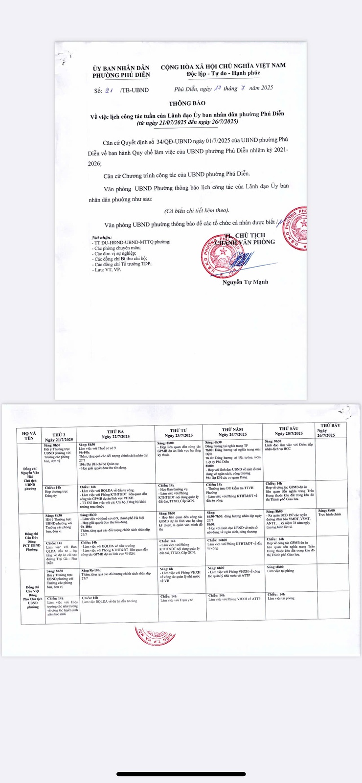 Thông báo lịch công tác tuần của Lãnh đạo UBND phường Phú Diễn (Từ ngày 21/7/2025 đến ngày 26/7/2025)- Ảnh 1.