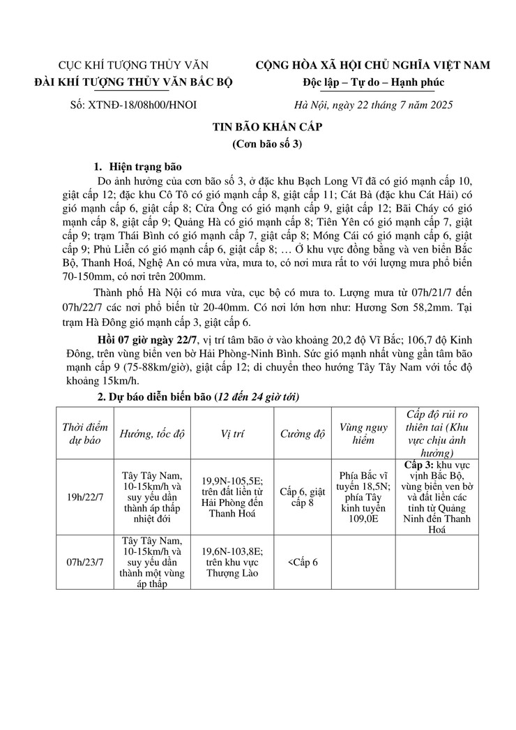 Tin bão khẩn cấp (Cơn bão số 3) - Cập nhật lúc 07h00- Ảnh 1.