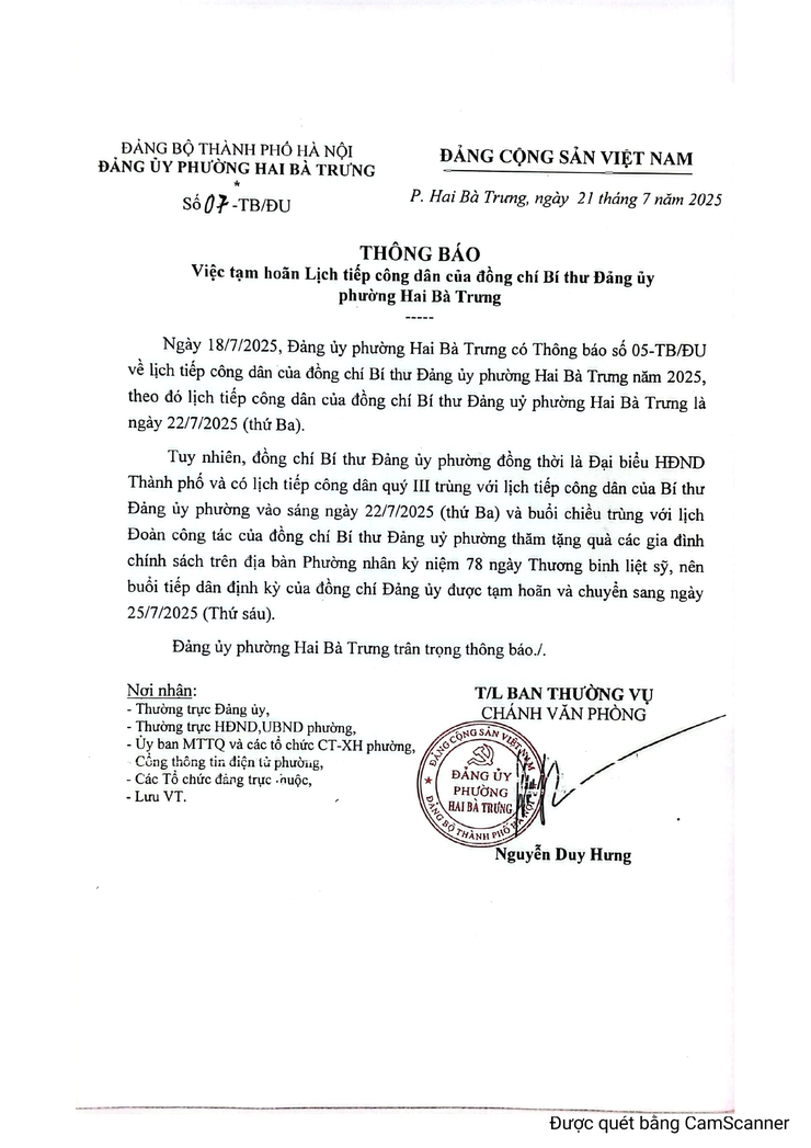 Thông báo: Tạm hoãn Lịch tiếp công dân của đồng chí Bí thư Đảng ủy phường Hai Bà Trưng.- Ảnh 1.