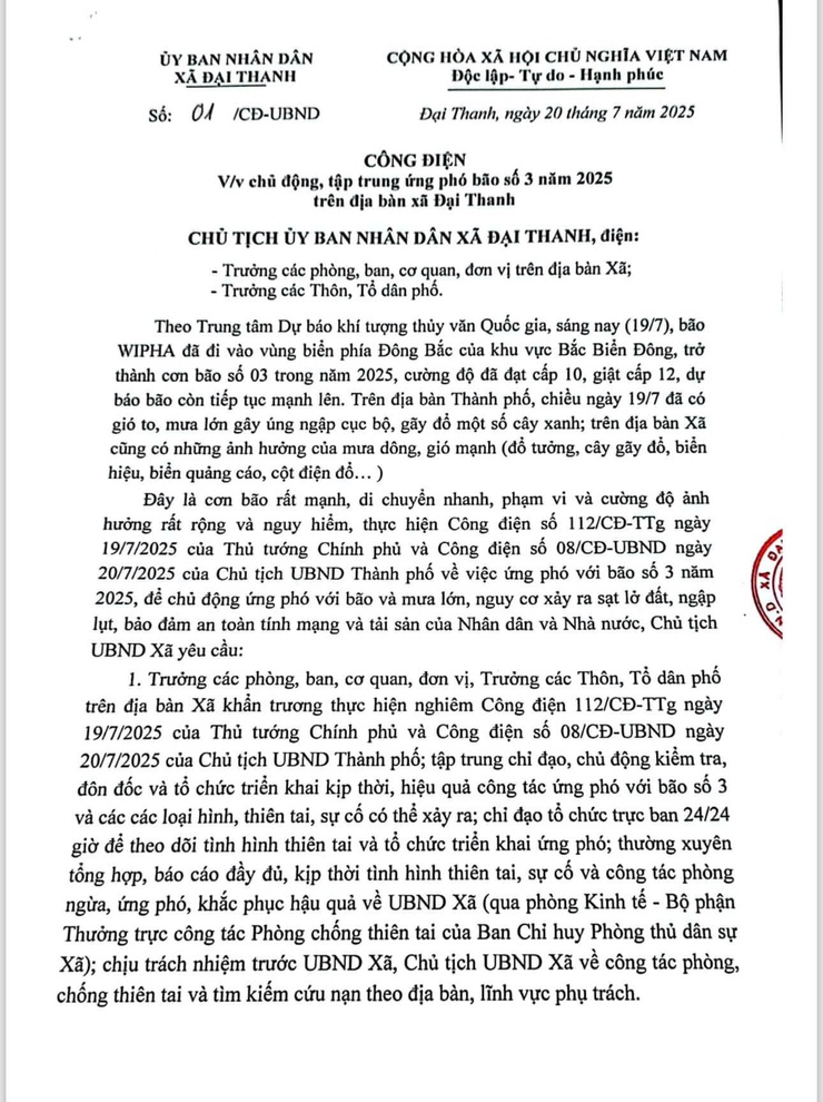 Xã Đại Thanh ban hành Công điện số 01/CĐ-UBND ngày 20/7/2025 để chủ động, tập trung ứng phó bão số 3 trên địa bàn xã- Ảnh 1.