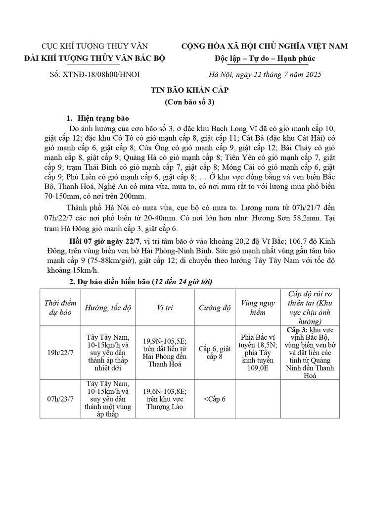 Tin bão khẩn (cơn bão số 3) - Cập nhật lúc 07h00 ngày 22/7/2025.- Ảnh 1.