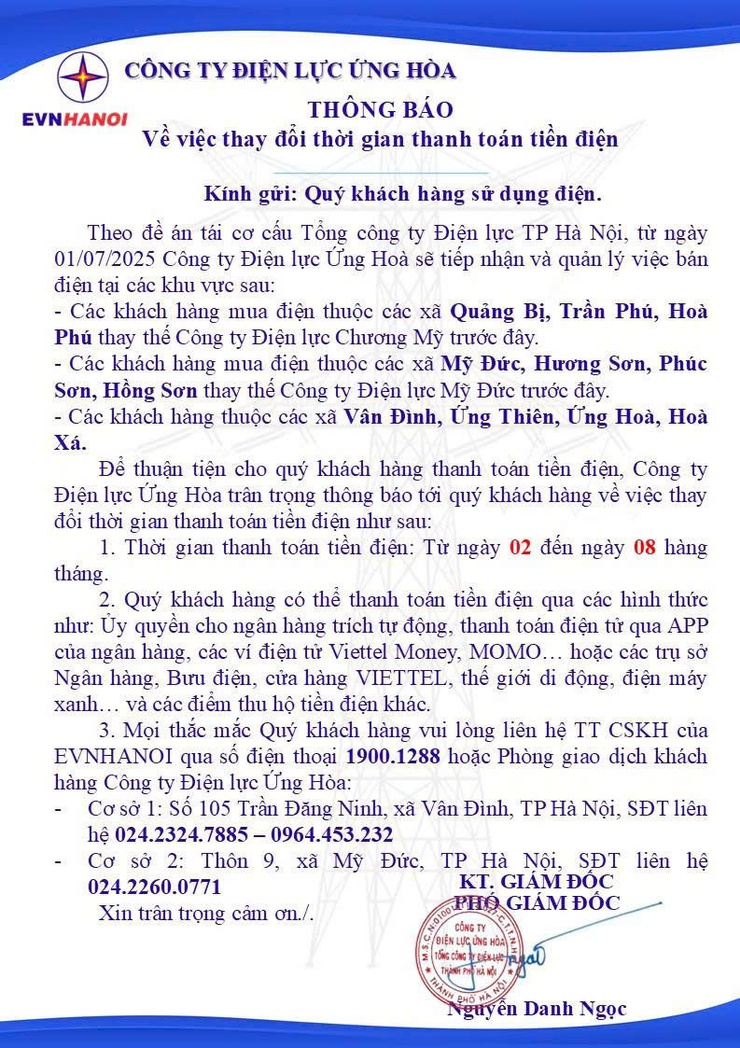 CÔNG TY ĐIỆN LỰC ỨNG HÒA THÔNG BÁO VỀ VIỆC THAY ĐỔI THỜI GIAN THANH TOÁN TIỀN ĐIỆN.- Ảnh 1.