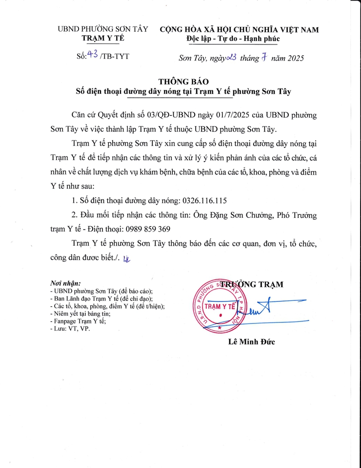 THÔNG BÁO ĐƯỜNG DÂY NÓNG CỦA TRẠM Y TẾ PHƯỜNG SƠN TÂY- Ảnh 1.