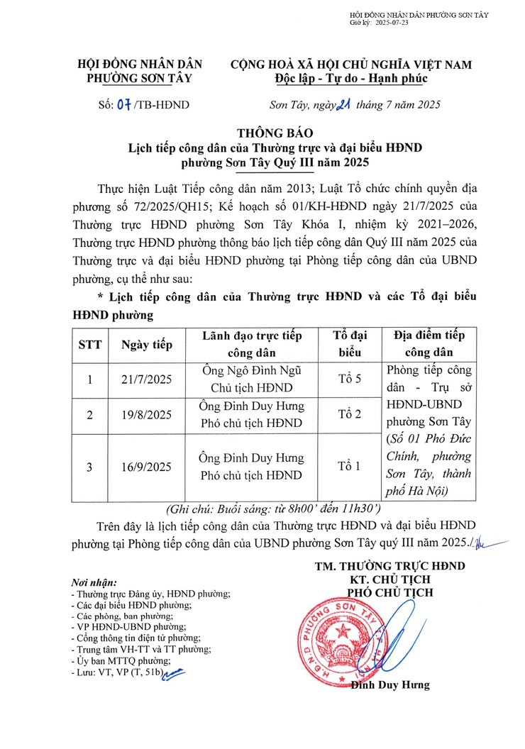 THÔNG BÁO LỊCH TIẾP CÔNG DÂN CỦA THƯỜNG TRỰC HĐND VÀ ĐẠI BIỂU HĐND PHƯỜNG QUÝ III/2025- Ảnh 1.