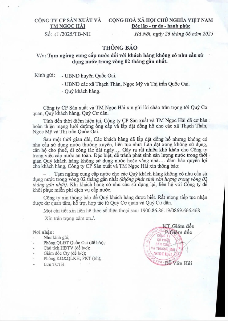 Tạm ngừng cung cấp nước sạch đối với khách hàng không có nhu cầu sử dụng trong vòng 2 tháng gần nhất- Ảnh 1.