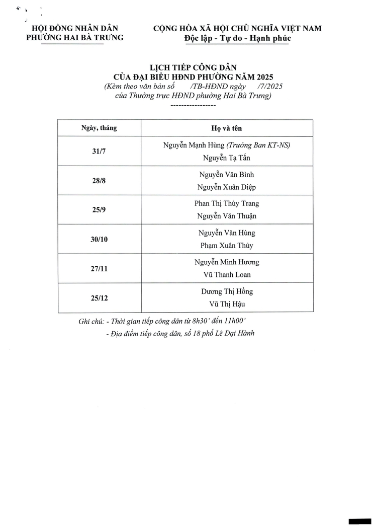 Thông báo về tiếp công dân của Thường trực HĐND và Đại biểu HĐND phường năm 2025.- Ảnh 3.