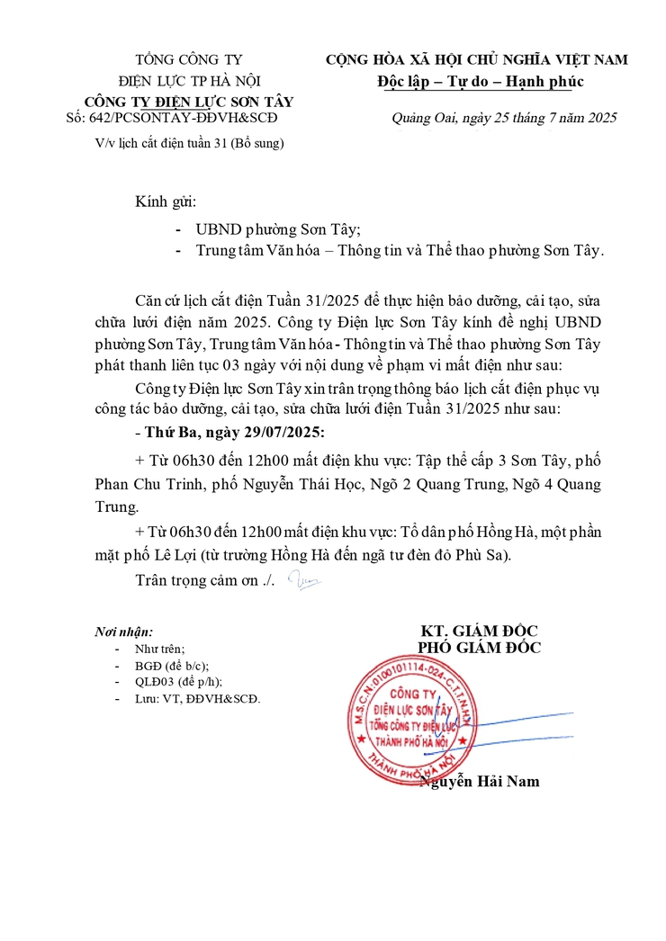 THÔNG BÁO LỊCH CẮT ĐIỆN TUẦN 31 CỦA CÔNG TY ĐIỆN LỰC SƠN TÂY- Ảnh 1.