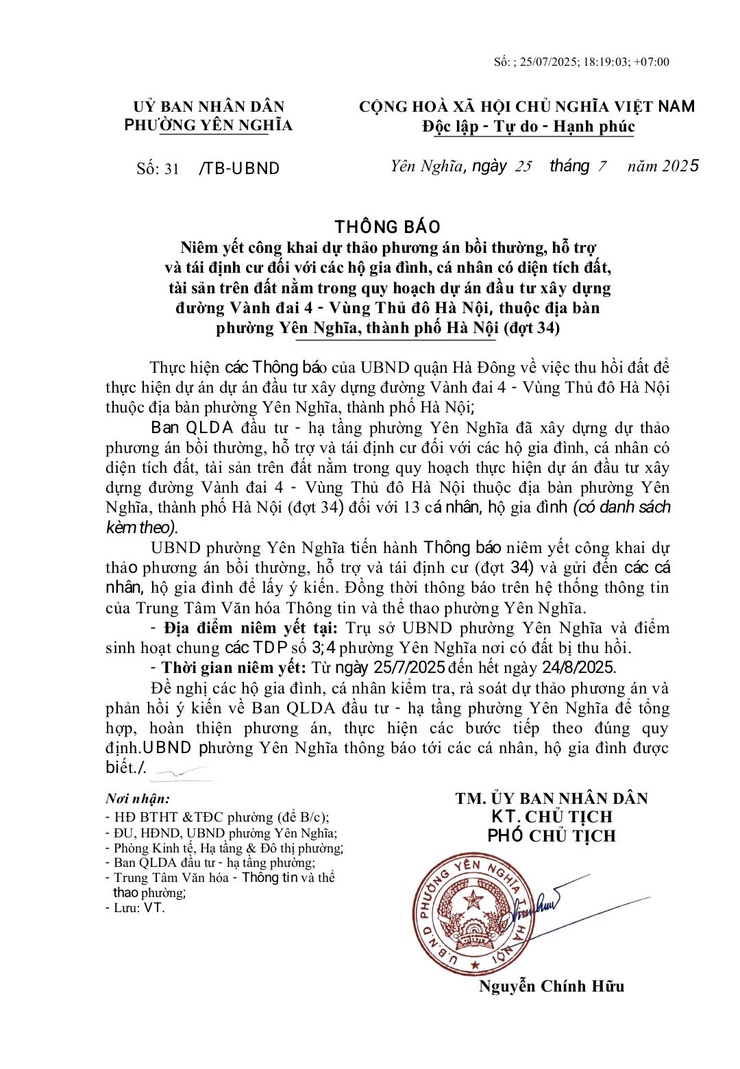 THÔNG BÁO NIÊM YẾT CÔNG KHAI DỰ THẢO PHƯƠNG ÁN BỒI THƯỜNG, HỖ TRỢ (ĐỢT 34) - DỰ ÁN ĐTXD ĐƯỜNG VÀNH ĐAI 4- Ảnh 1.