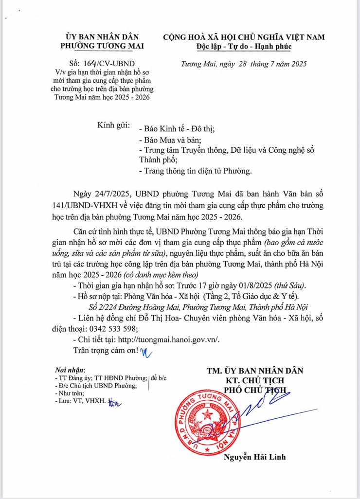 Thông báo: Gia hạn nhận hồ sơ mời cung cấp thực phẩm cho trường học trên địa bàn phường Tương Mai- Ảnh 1.