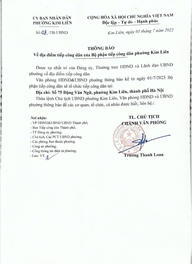 THÔNG BÁO VỀ ĐIỂM TIẾP CÔNG DÂN PHƯỜNG KIM LIÊN- Ảnh 1.