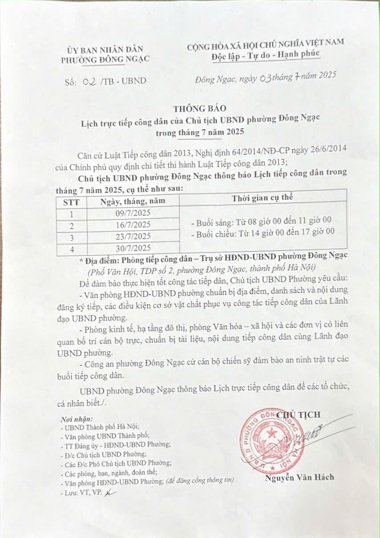Thông báo lịch trực tiếp công dân của Chủ tịch UBND phường Đông Ngạc trong tháng 7 năm 2025.- Ảnh 1.