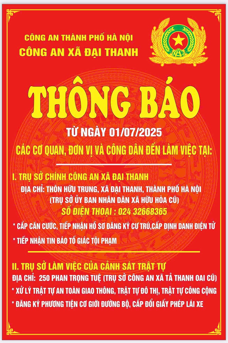THÔNG BÁO CỦA CÔNG AN XÃ ĐẠI THANH, THÀNH PHỐ HÀ NỘI- Ảnh 1.