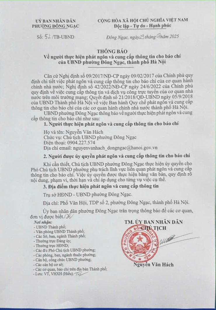 Thông báo về người thực hiện phát ngôn và cung cấp thông tin cho báo chí của UBND phường Đông Ngạc, thành phố Hà Nội- Ảnh 1.