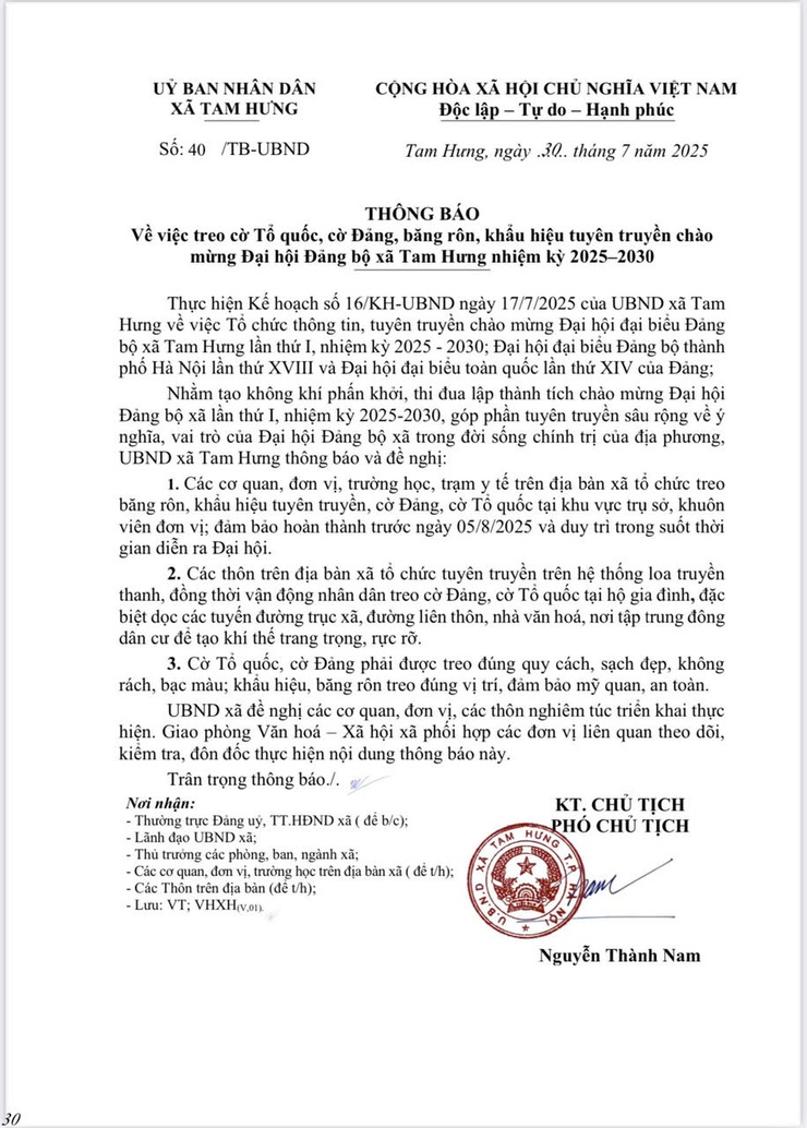 Để Tam Hưng rực rỡ cờ hoa chào mừng Đại hội Đảng bộ xã lần thứ I, nhiệm kỳ 2025–2030- Ảnh 1.