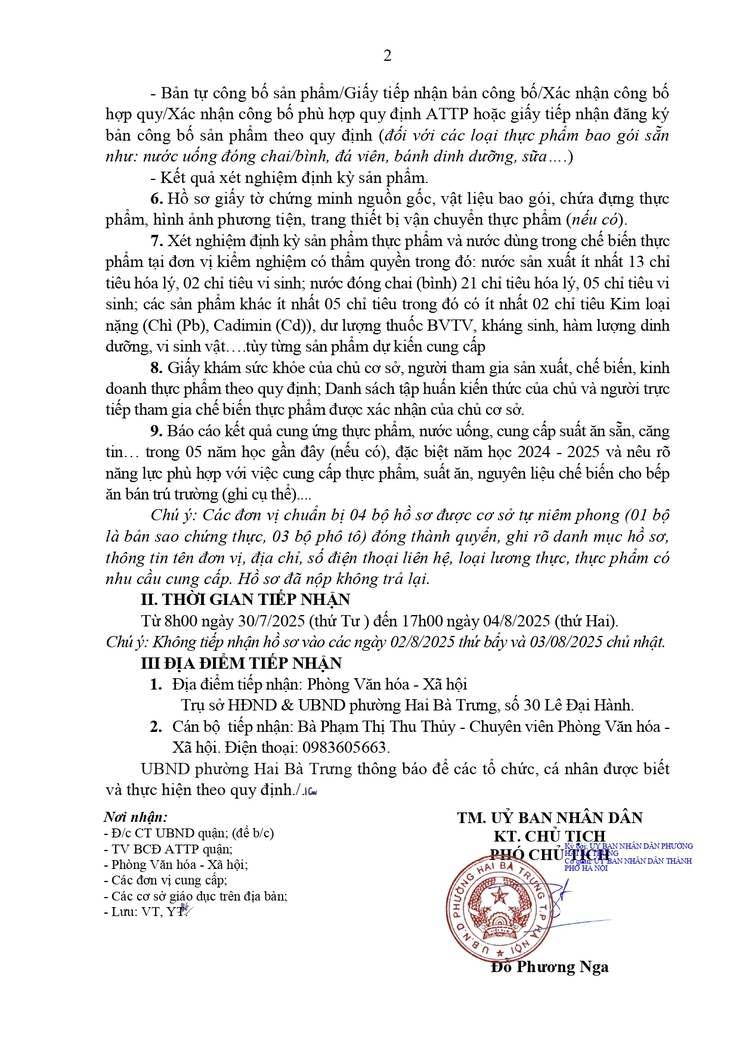 Thông báo tiếp nhận hồ sơ năng lưc cac đơn vi cung cấp thưc phẩm, nguyên liệu thưc phẩm và cung cấp suất ăn sẵn cho bữa ăn bán trú tại các trường công lập trên địa bàn phường Hai Bà Trưng năm học 2025 - 2026. - Ảnh 2.