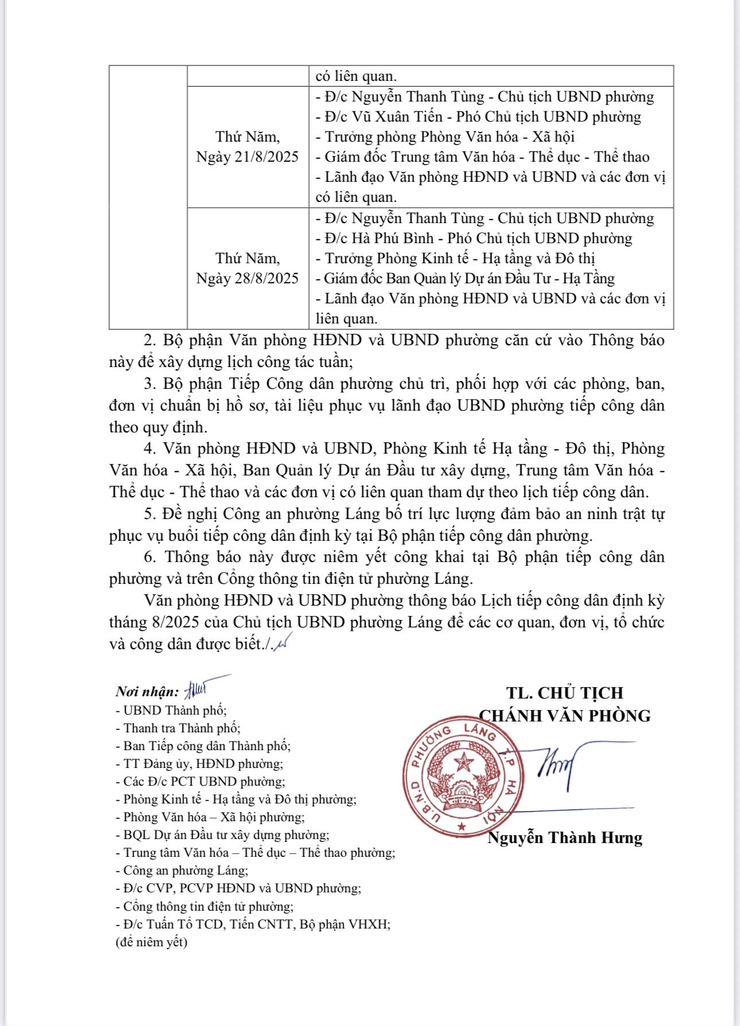 Phường Láng thông báo lịch tiếp công dân tháng 8/2025- Ảnh 3.