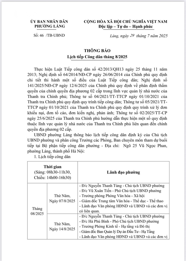 Phường Láng thông báo lịch tiếp công dân tháng 8/2025- Ảnh 2.