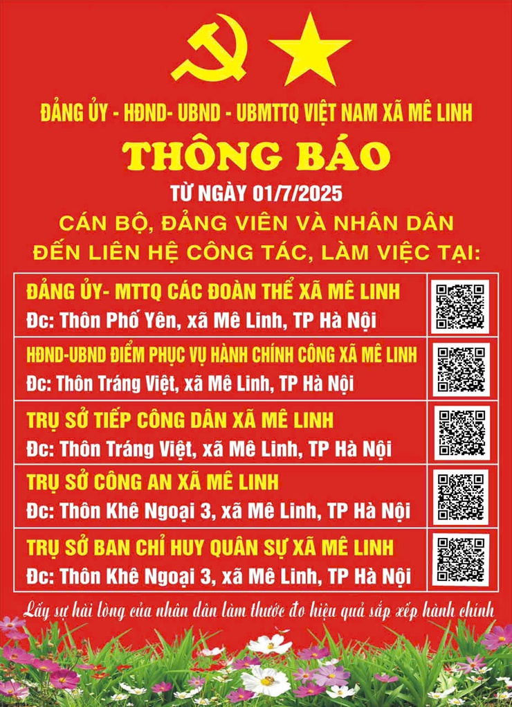 Thông báo trụ sở làm việc và tiếp nhận, giải quyết thủ tục hành chính xã Mê Linh- Ảnh 1.