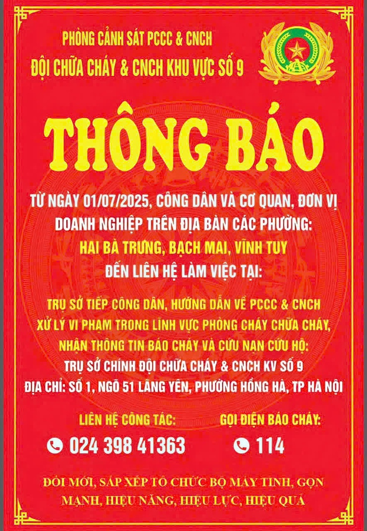 Thông báo trụ sở của Đội Chữa cháy & CNCH khu vực số 9 (địa bàn phường Hai Bà Trưng, Bạch Mai, Vĩnh Tuy).- Ảnh 1.